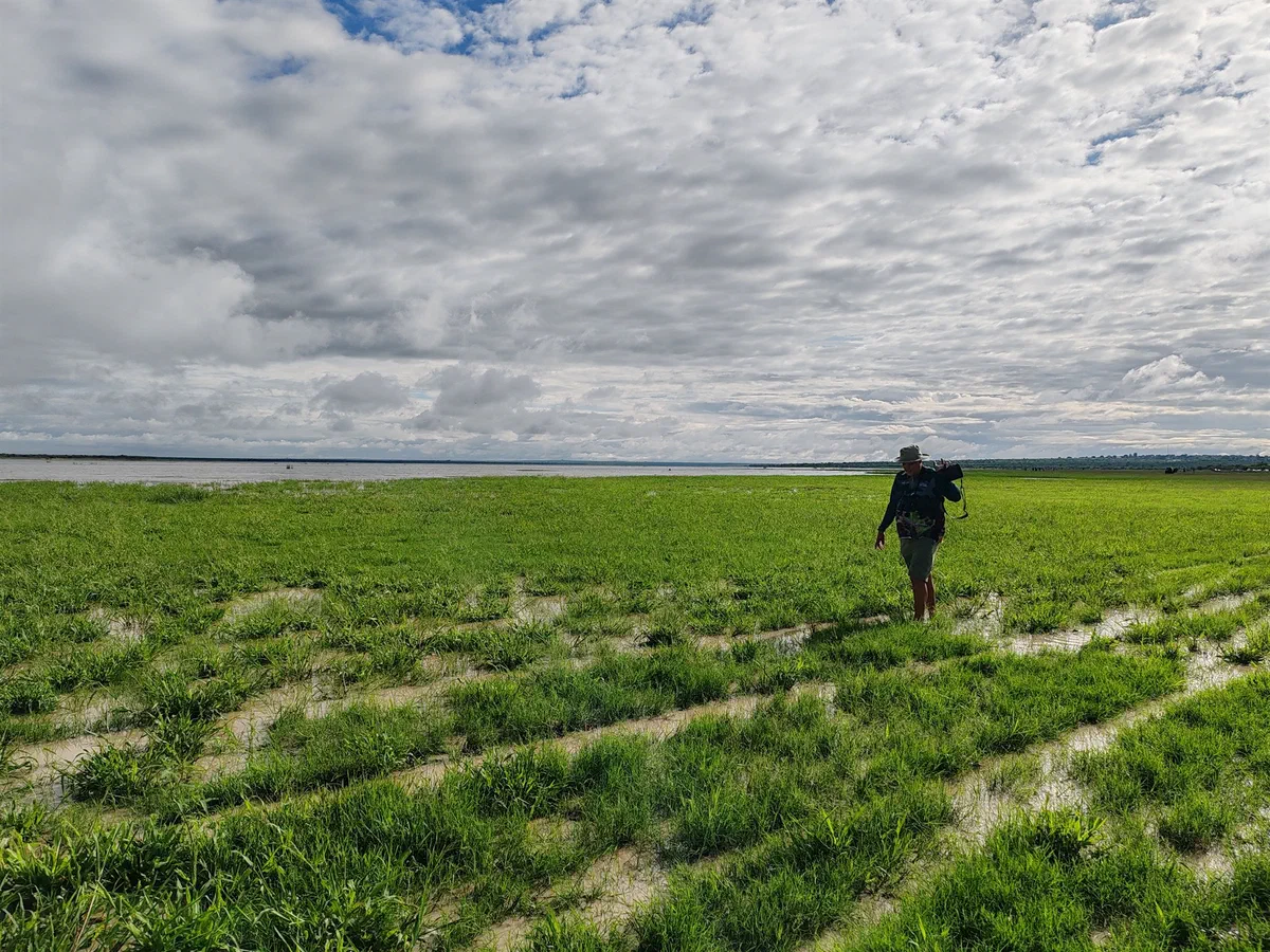 A photographer walking out across wet grassland under a cloudy sky
